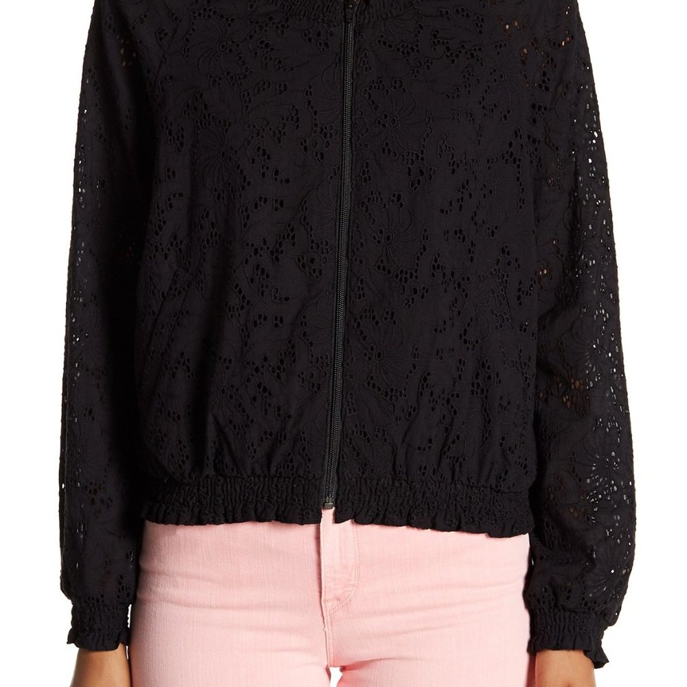Sanctuary New IN BLOOM Eyelet Bomber Zip-Up Jacket XL Womens Topper Cotton BLACK - Picture 9 of 16